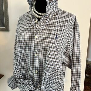 Upcycled Ralph Lauren Men's Brown & White Check Button-Down Shirt with Navy Pony